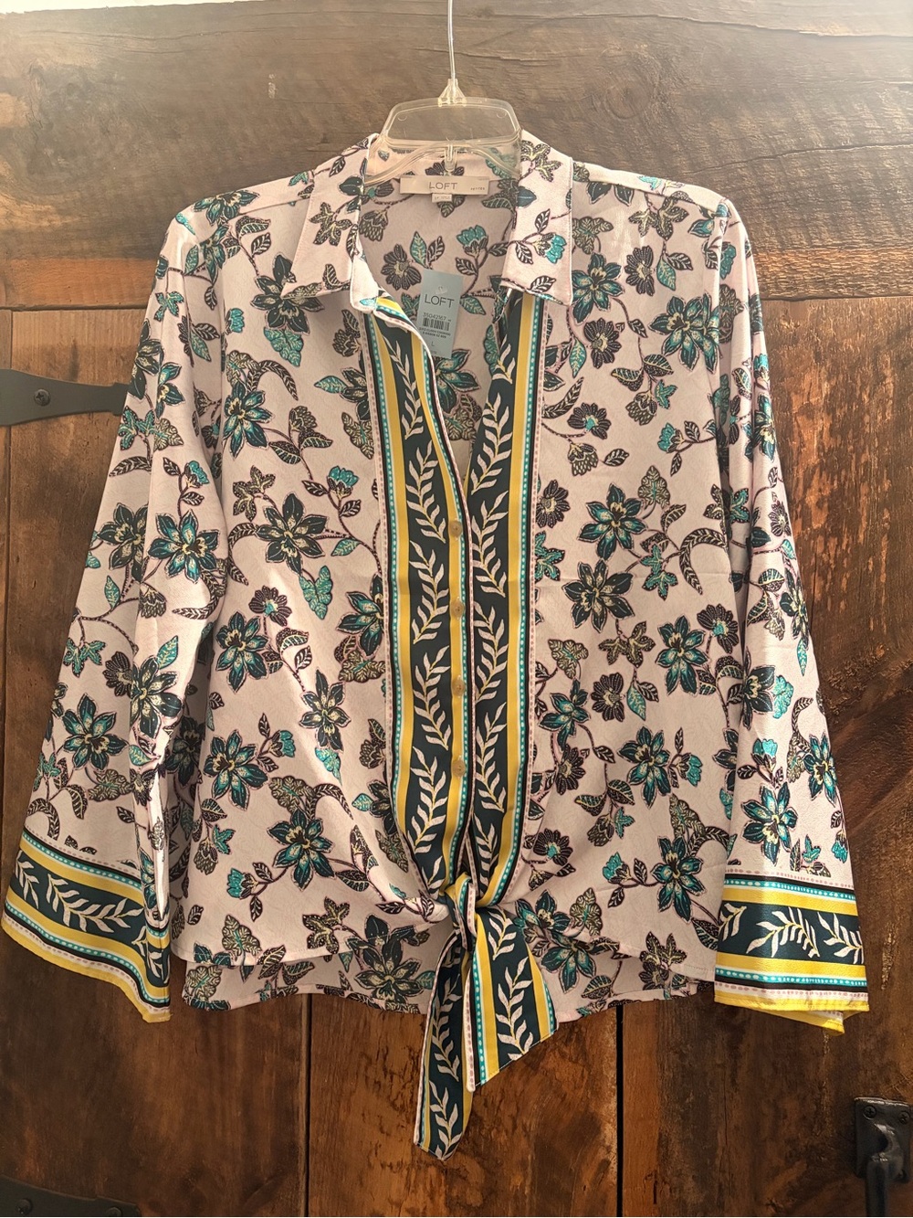 LOFT Floral Tie-Front Button-Up Top in Light Pink with Teal Accents NWT